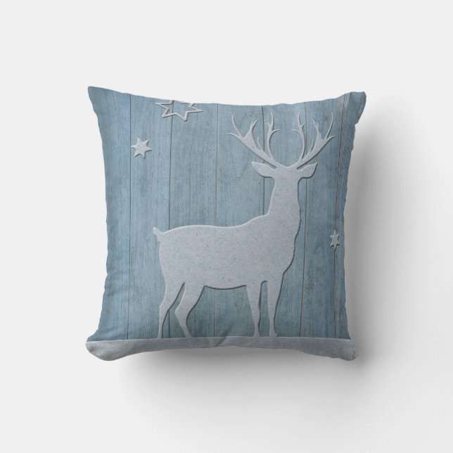 Rustic Blue Wood Reindeer Country Christmas Throw Pillow (Front)
