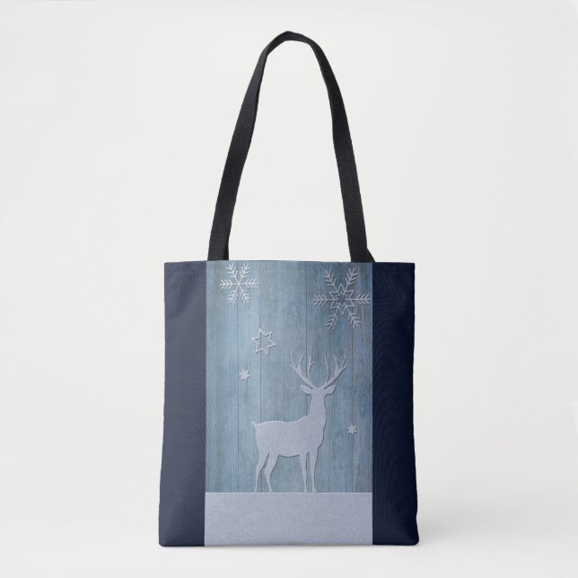 Rustic Blue Wood Reindeer Country Christmas Tote Bag (Front)