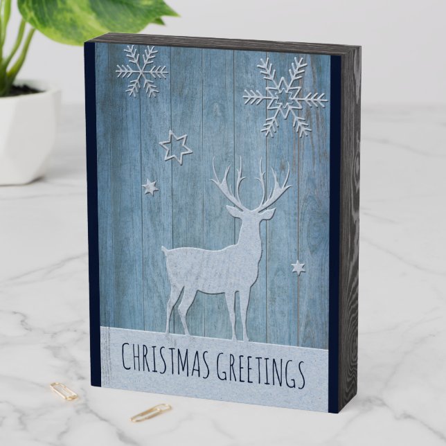Rustic Blue Wood Reindeer Country Christmas Wooden Box Sign (In Situ Vertical)