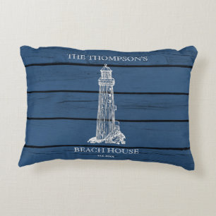 Rustic Blue Wood Seahorse Lighthouse Beach House  Accent Pillow