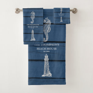 Rustic Blue Wood Seahorse Lighthouse Beach House  Bath Towel Set