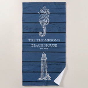 Rustic Blue Wood Seahorse Lighthouse Beach House Beach Towel