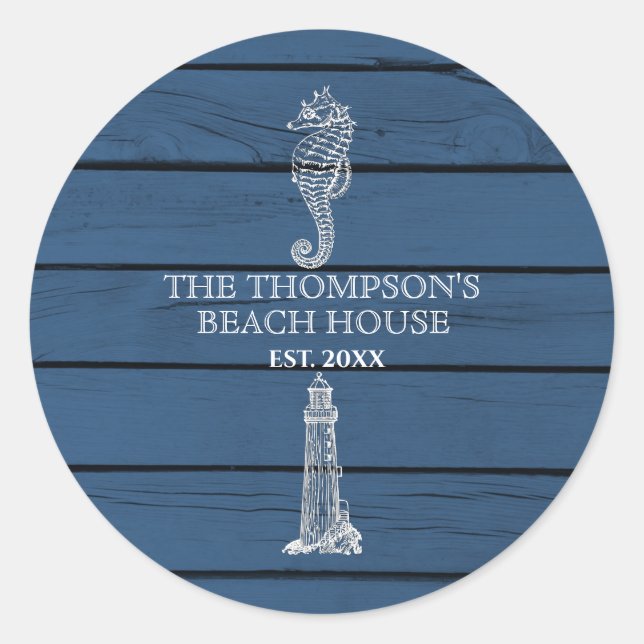 Rustic Blue Wood Seahorse Lighthouse Beach House   Classic Round Sticker (Front)