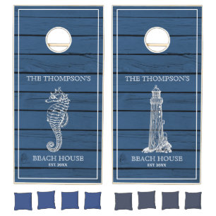 Rustic Blue Wood Seahorse Lighthouse Beach House Cornhole Set