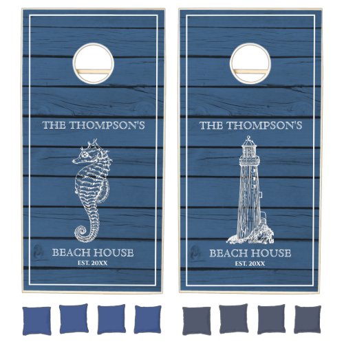Rustic Blue Wood Seahorse Lighthouse Beach House Cornhole Set