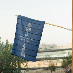 Rustic Blue Wood Seahorse Lighthouse Beach House  Flag