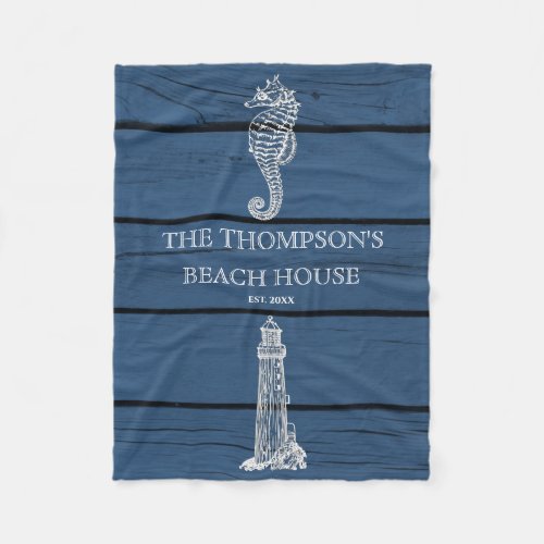Rustic Blue Wood Seahorse Lighthouse Beach House  Fleece Blanket