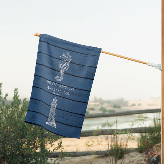 Rustic Blue Wood Seahorse Lighthouse Beach House  House Flag (Insitu (Back))
