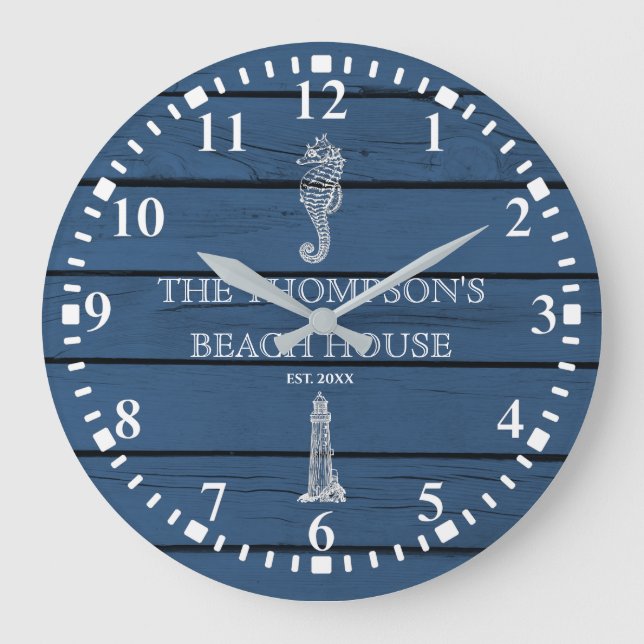 Rustic Blue Wood Seahorse Lighthouse Beach House  Large Clock (Front)