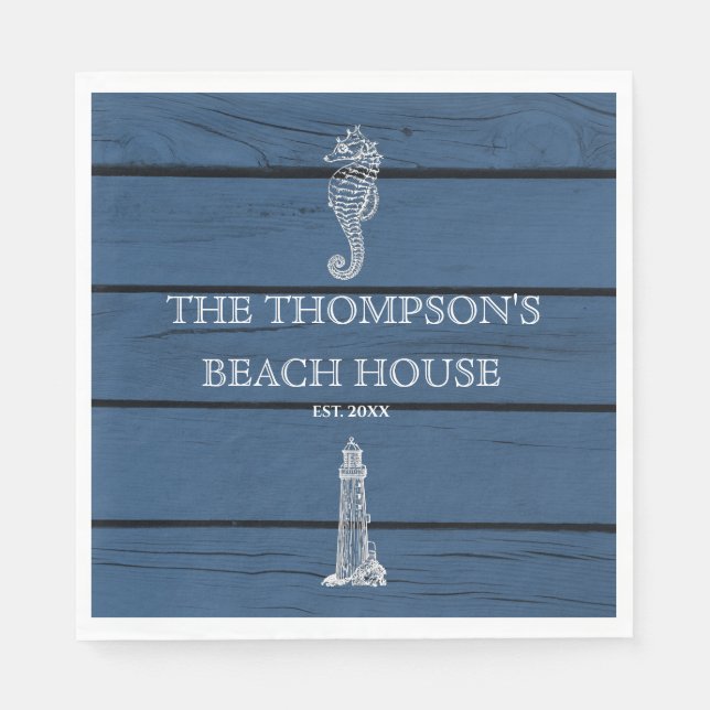 Rustic Blue Wood Seahorse Lighthouse Beach House Napkins (Front)