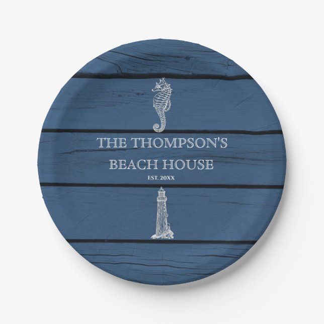 Rustic Blue Wood Seahorse Lighthouse Beach House Paper Plates (Front)