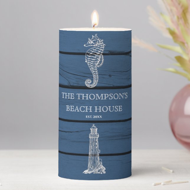 Rustic Blue Wood Seahorse Lighthouse Beach House  Pillar Candle (In Situ)