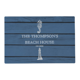 Rustic Blue Wood Seahorse Lighthouse Beach House Placemat