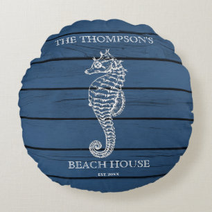 Rustic Blue Wood Seahorse Lighthouse Beach House  Round Pillow