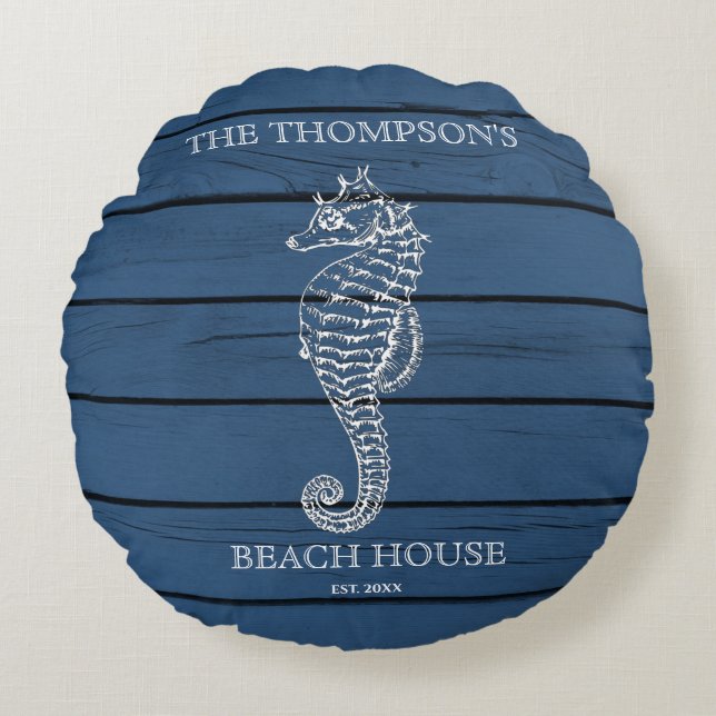 Rustic Blue Wood Seahorse Lighthouse Beach House  Round Pillow (Front)