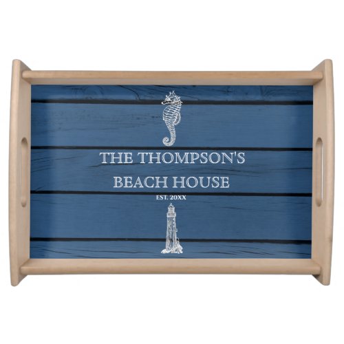 Rustic Blue Wood Seahorse Lighthouse Beach House  Serving Tray