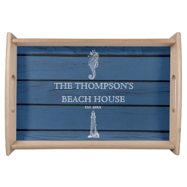Rustic Blue Wood Seahorse Lighthouse Beach House  Serving Tray (Front)