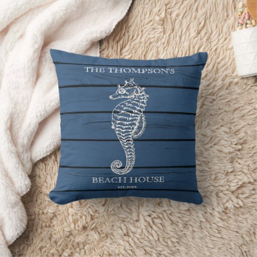 Rustic Blue Wood Seahorse Lighthouse Beach House  Throw Pillow