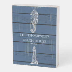 Rustic Blue Wood Seahorse Lighthouse Beach House Wooden Box Sign