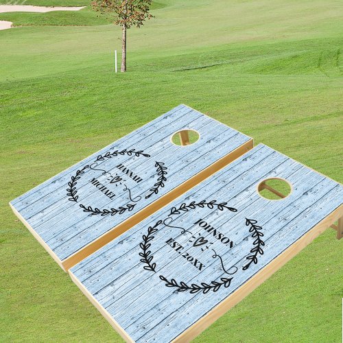 Rustic Blue Wood Simple Wreath Custom Wedding Cornhole Set