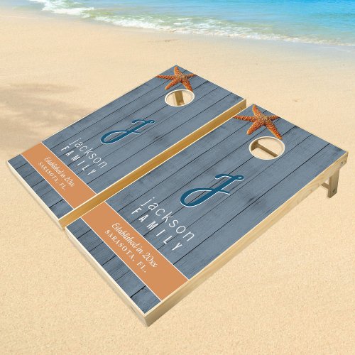 Rustic blue wood starfish family beach house cornhole set