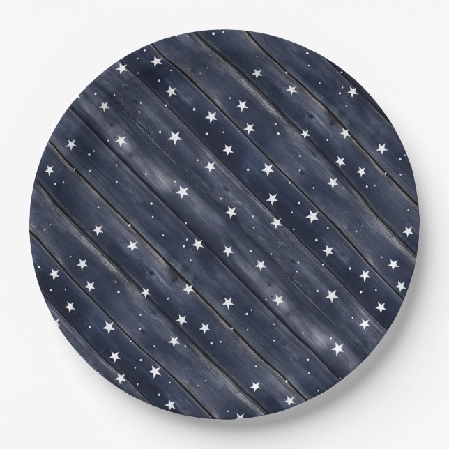 Rustic Blue Wood Stars  Paper Plates (Front)