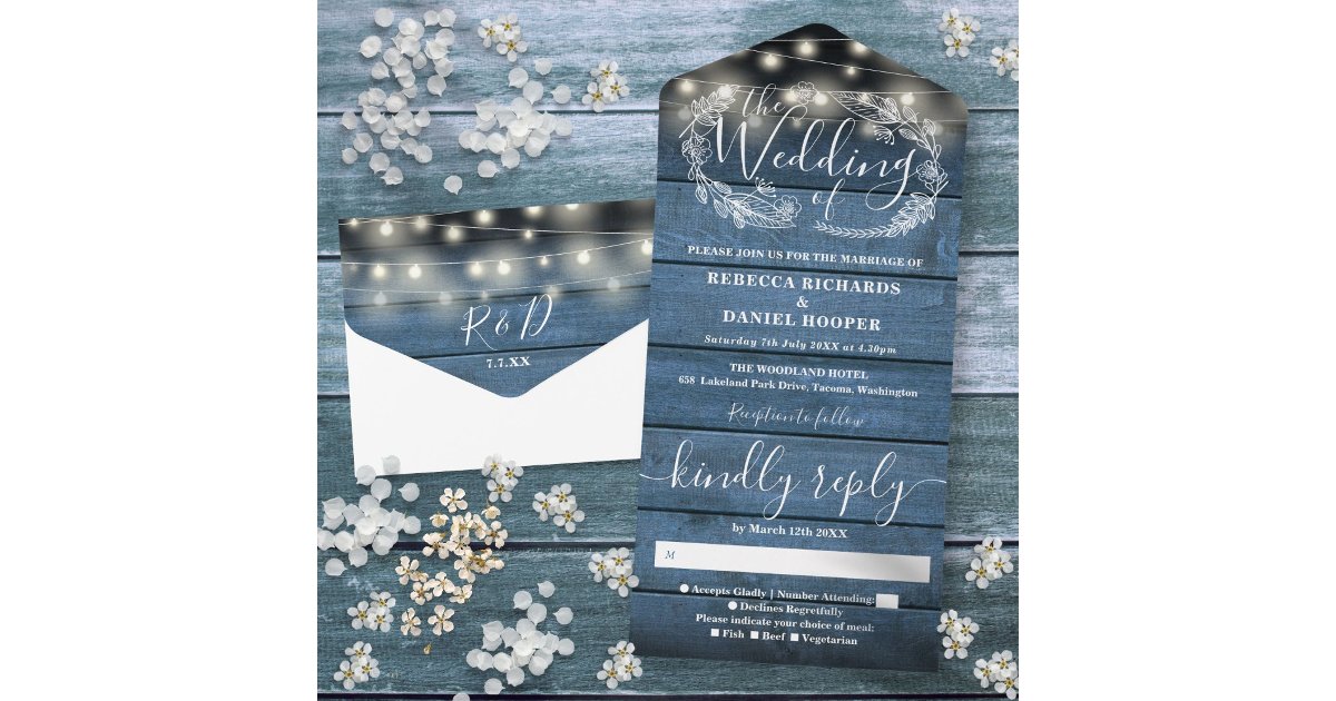 Rustic Blue Wood String Lights Floral Wedding All In One Invitation ...