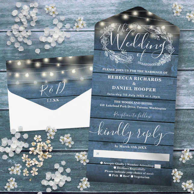 Rustic Blue Wood String Lights Floral Wedding All In One Invitation ...