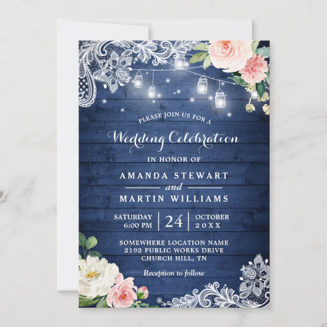 Rustic Blue Wood String Lights Floral Wedding Invitation | Zazzle