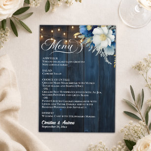 Rustic Blue Wood String Lights Floral Wedding  Menu