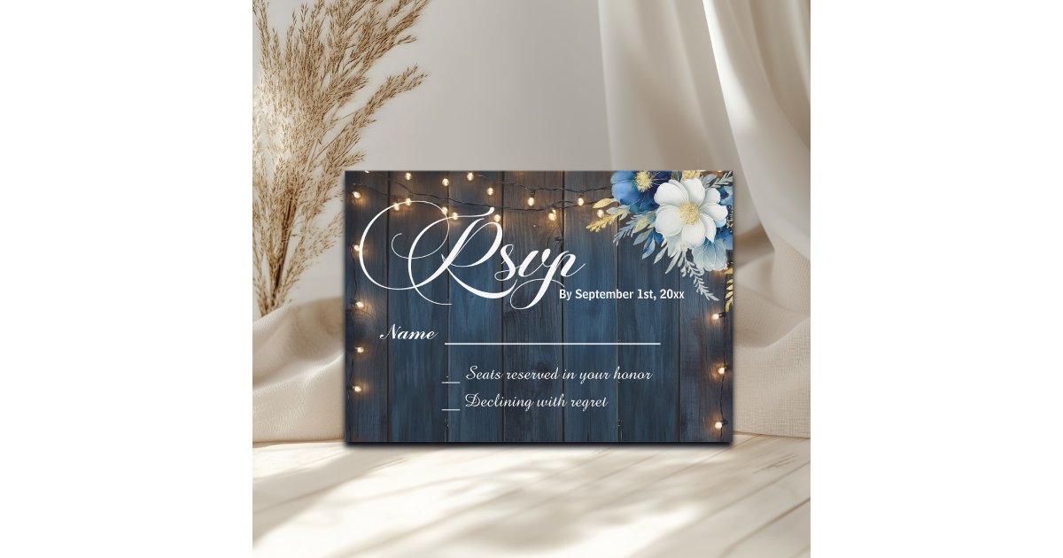 Rustic Blue Wood String Lights Floral Wedding RSVP | Zazzle