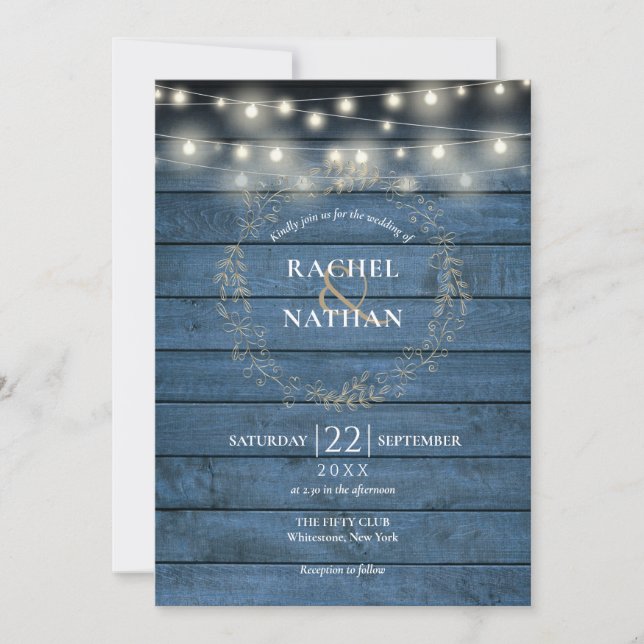 Rustic Blue Wood String Lights Garland Wedding Invitation (Front)