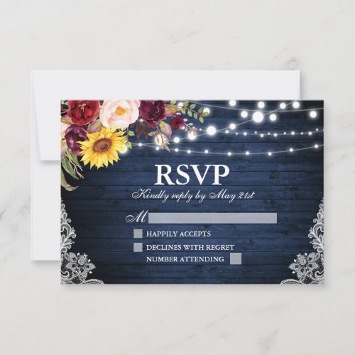 Rustic Blue Wood String Lights Lace Floral Wedding RSVP Card