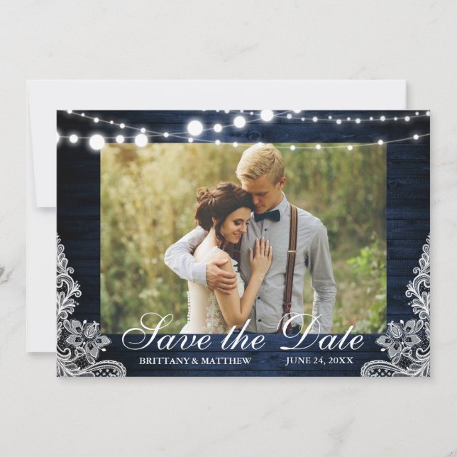 Rustic Blue Wood String Lights Lace Photo Save The Date (Front)