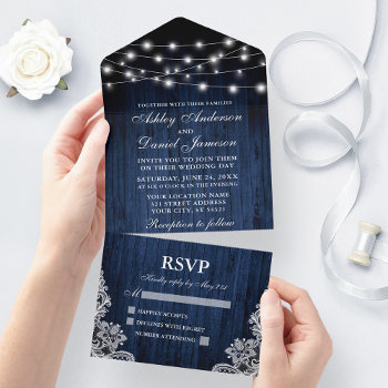 Rustic Blue Wood String Lights Lace Wedding All In One Invitation by SugarandSpicePaperCo at Zazzle