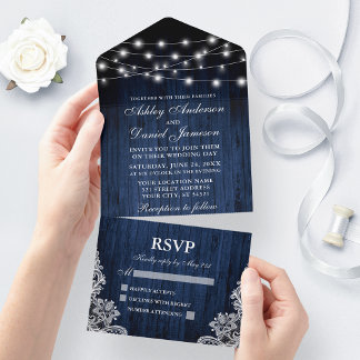 Rustic Blue Wood String Lights Lace Wedding All In One Invitation