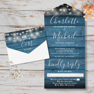 Rustic Blue Wood String Lights Monogram Wedding All In One Invitation