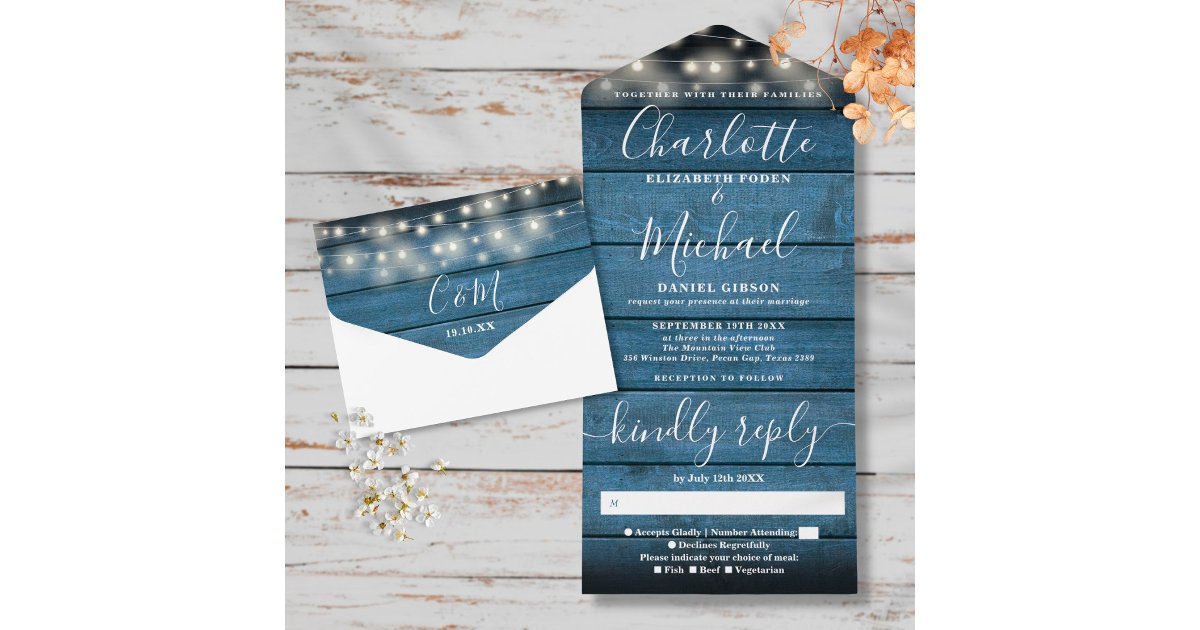 Rustic Blue Wood String Lights Monogram Wedding All In One Invitation ...