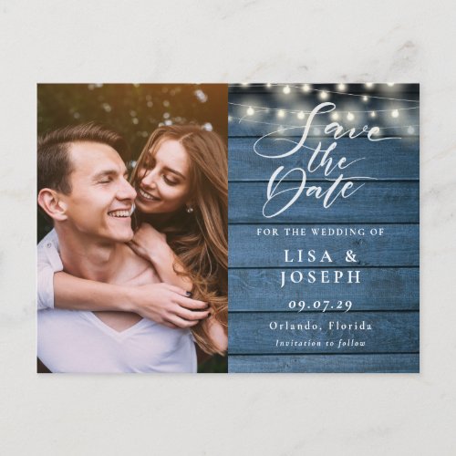 Rustic Blue Wood String Lights Photo Save the Date Postcard