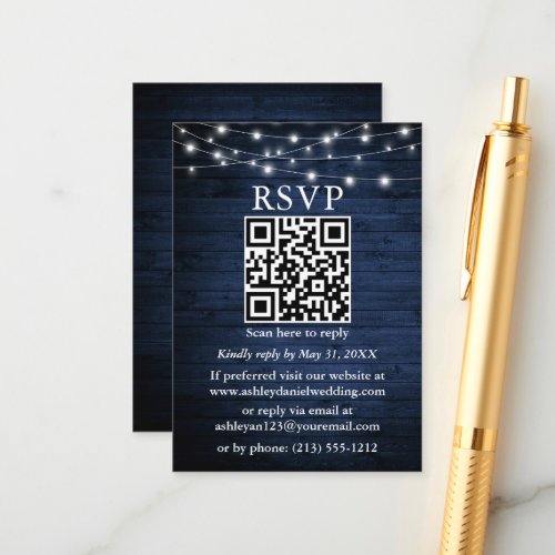 Rustic Blue Wood String Lights QR Wedding RSVP Enclosure Card