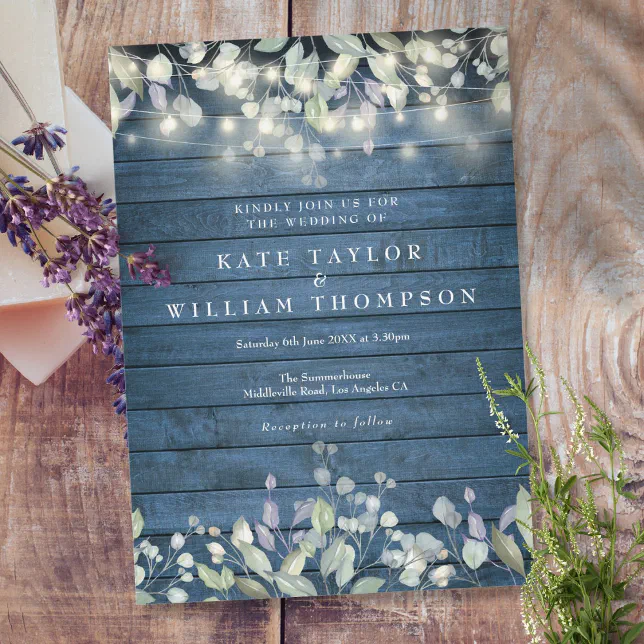 Rustic Blue Wood String Lights Sage Lilac Wedding Invitation | Zazzle
