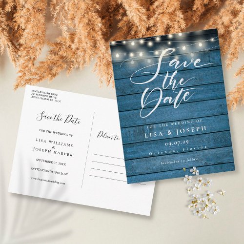 Rustic Blue Wood String Lights Save the Date Postcard