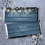 Rustic Blue Wood String Lights Script Wedding Hershey Bar Favors<br><div class="desc">Elegant wedding design personalized with signature style names and your special wedding date on a rustic blue wood and string lights background. Designed by Thisisnotme©</div>