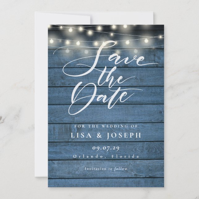 Rustic Blue Wood String Lights Script Wedding Save The Date (Front)