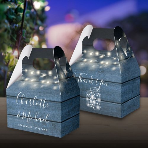 Rustic Blue Wood String Lights Wedding Favor Boxes