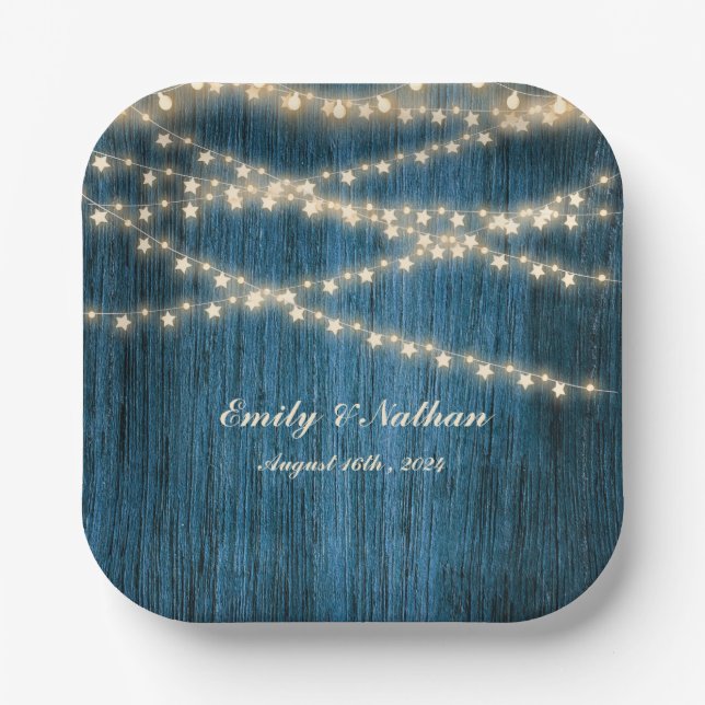 Rustic Blue Wood String Lights Wedding Party Paper Plates (Front)