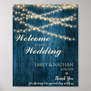 Rustic Blue Wood Strings Welcome To Our Wedding Poster