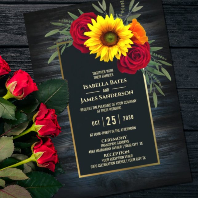 Rustic Blue Wood Sunflower Burgundy Rose Wedding Invitation (Creator Uploaded)