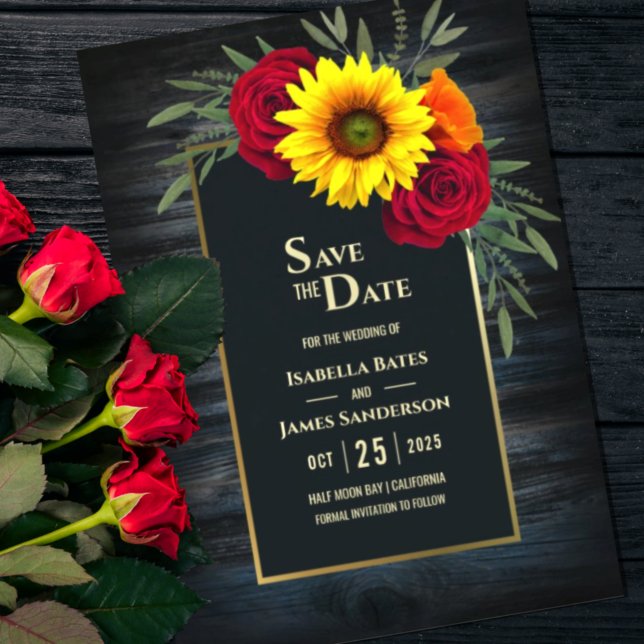 Rustic Blue Wood Sunflower Burgundy Rose Wedding Save The Date (Creator Uploaded)