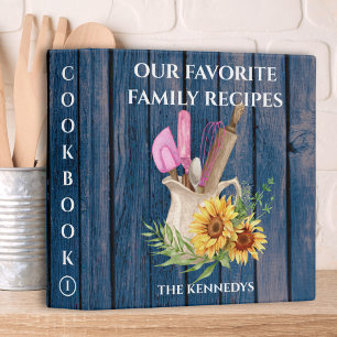Rustic Blue Wood Sunflower Family Cookbook Recipe 3 Ring Binder